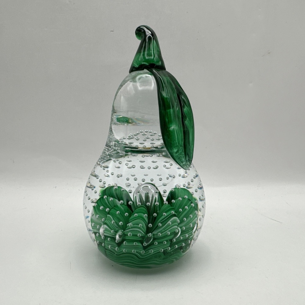Vintage Joe St Clair Controlled Bubble Pear Paperweight Multiple Green Leaf